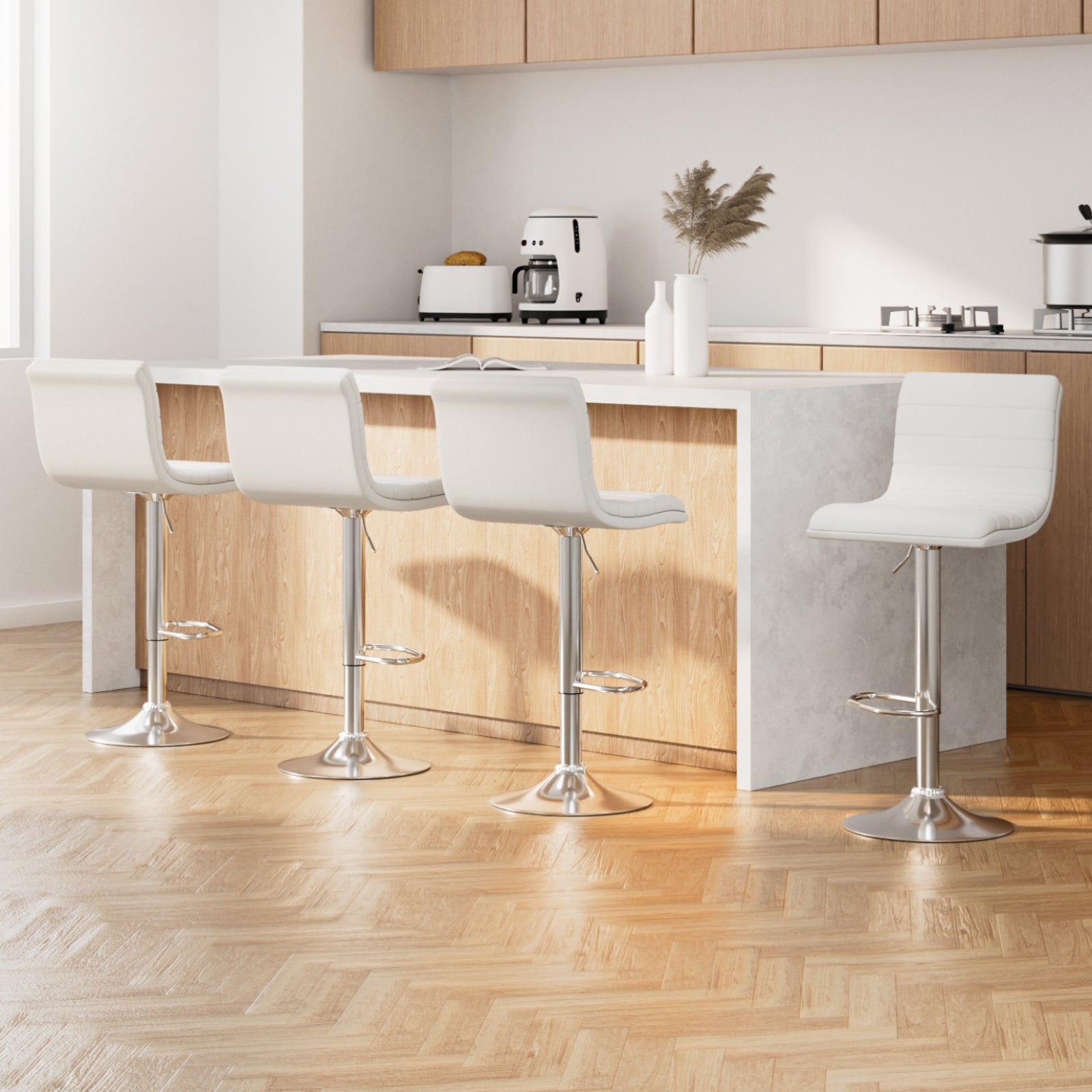 Artiss Set of 4 PU Leather Lined Pattern Bar Stools- White and Chrome