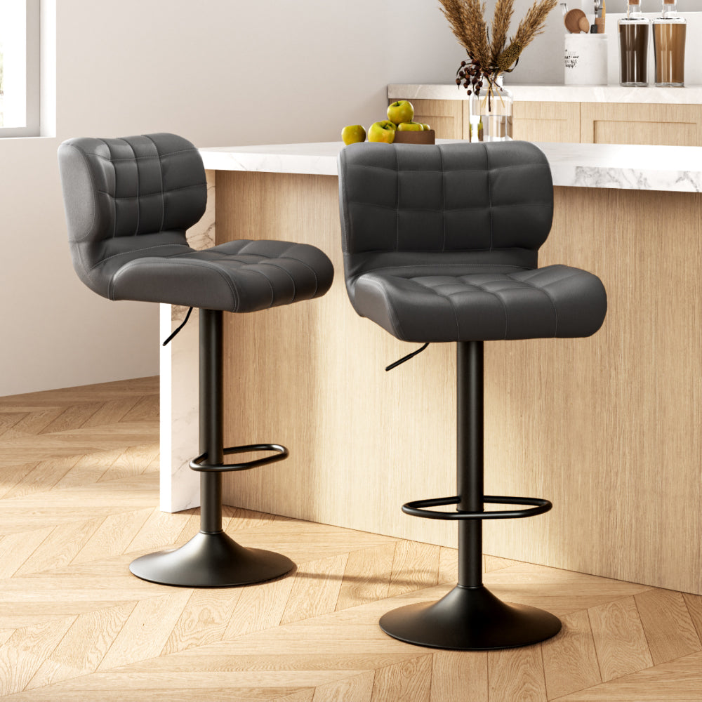 Artiss Set of 2 Kitchen Bar Stools Gas Lift Plush PU Leather - Black and Grey