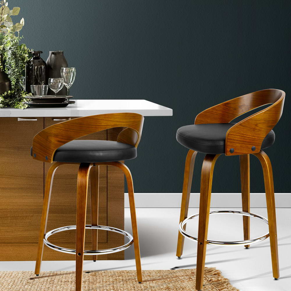 Artiss Set of 2 Walnut Wood Bar Stools - Black and Brown