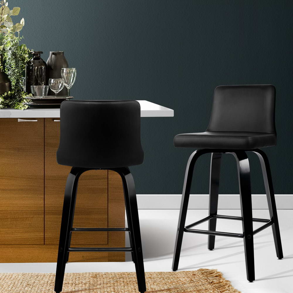 Artiss Set of 2 Wooden PU Leather Bar Stool - Black