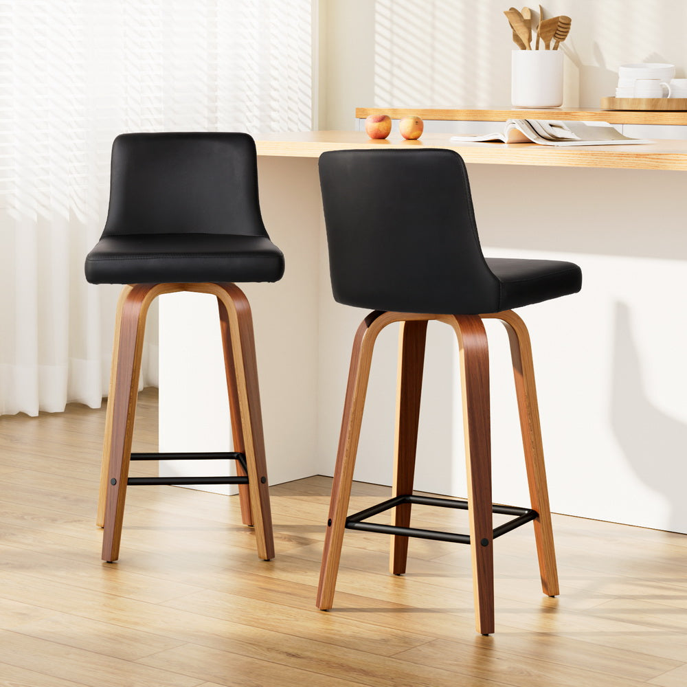 Artiss Set of 2 Wooden PU Leather Bar Stool - Black and Brown Wood Legs