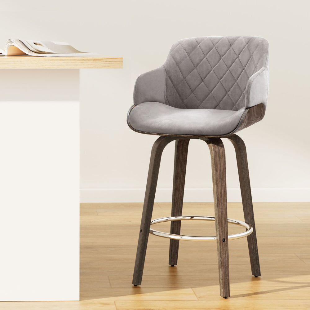 Artiss Velvet Bar Stool Swivel - Grey and Wood