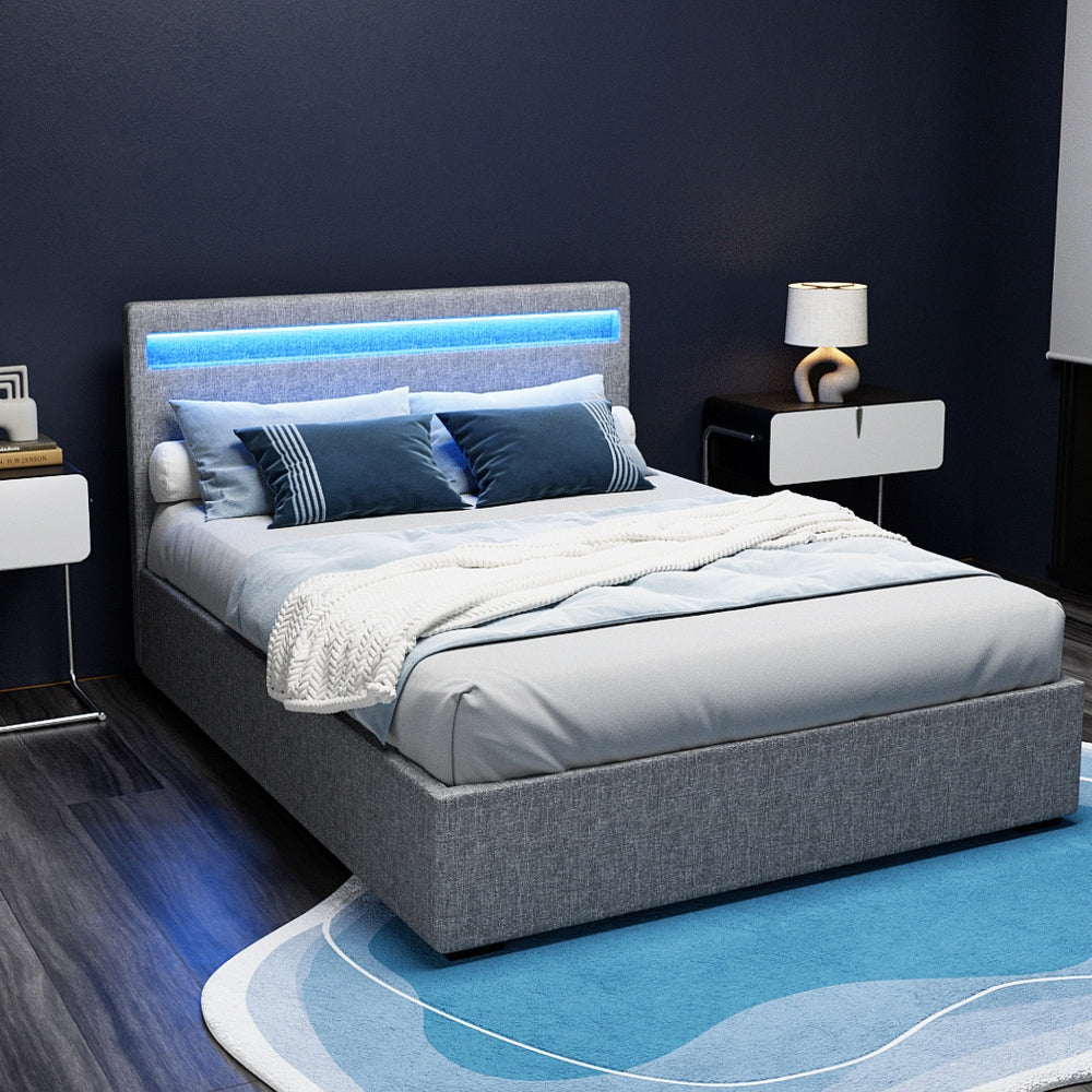 Artiss Cole LED Bed Frame Fabric Gas Lift Storage - Grey Double