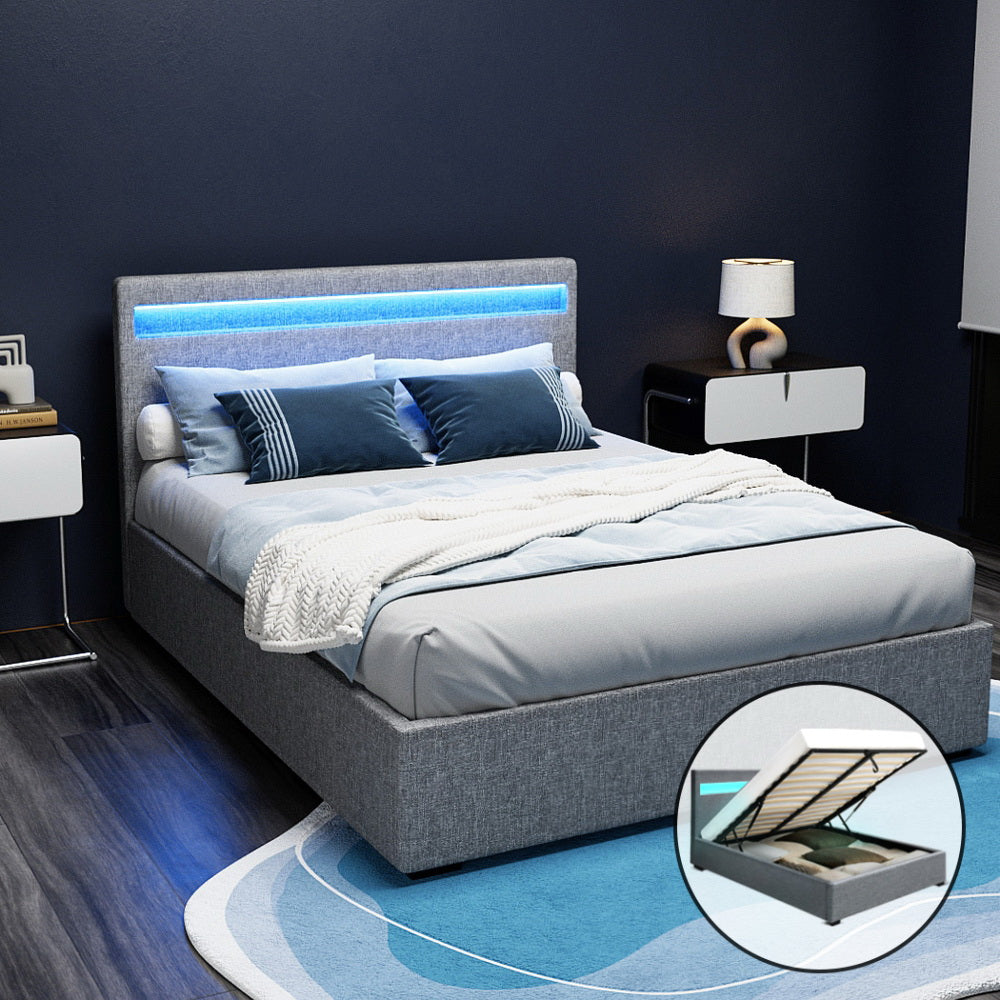 Artiss Cole LED Bed Frame Fabric Gas Lift Storage - Grey Double