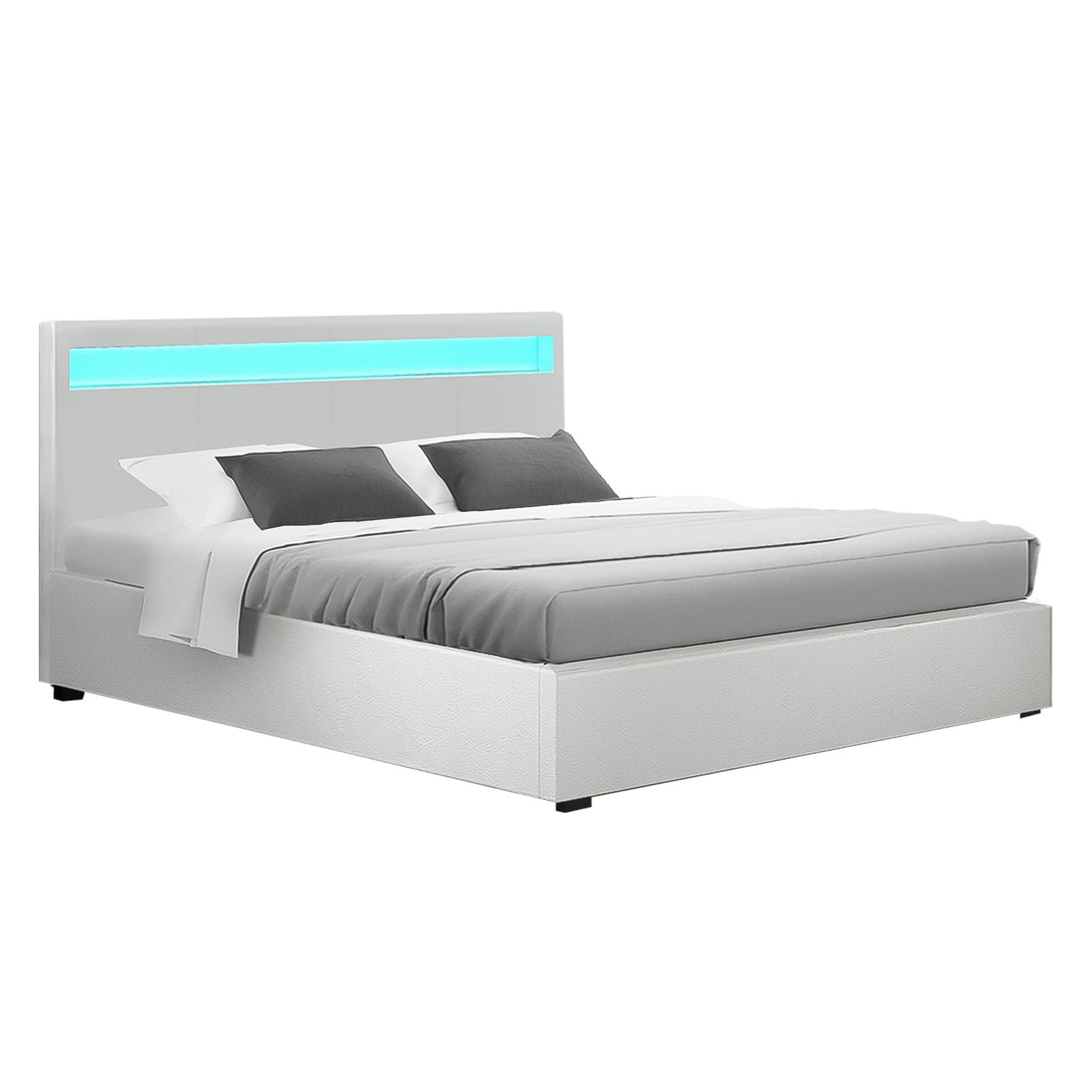 Artiss Cole LED Bed Frame PU Leather Gas Lift Storage - White Double