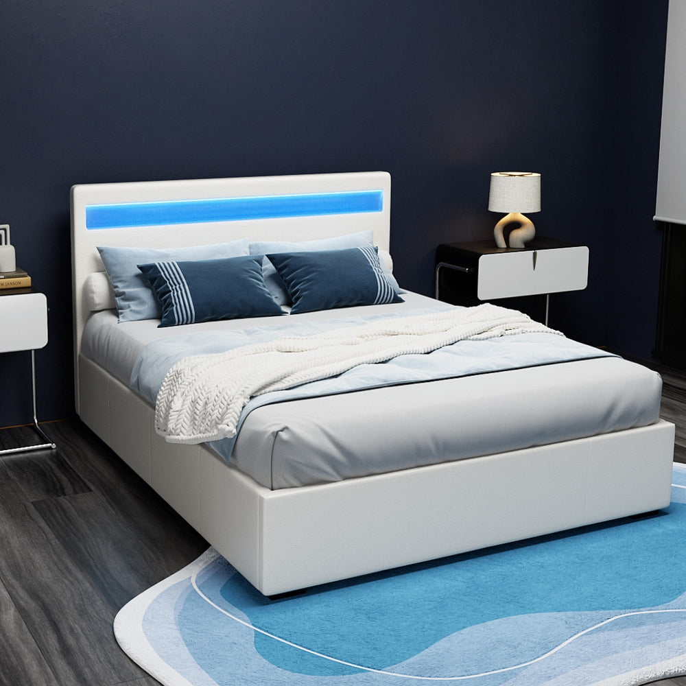 Artiss Cole LED Bed Frame PU Leather Gas Lift Storage - White Double