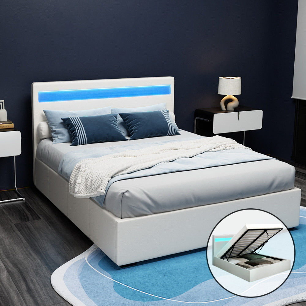 Artiss Cole LED Bed Frame PU Leather Gas Lift Storage - White Double