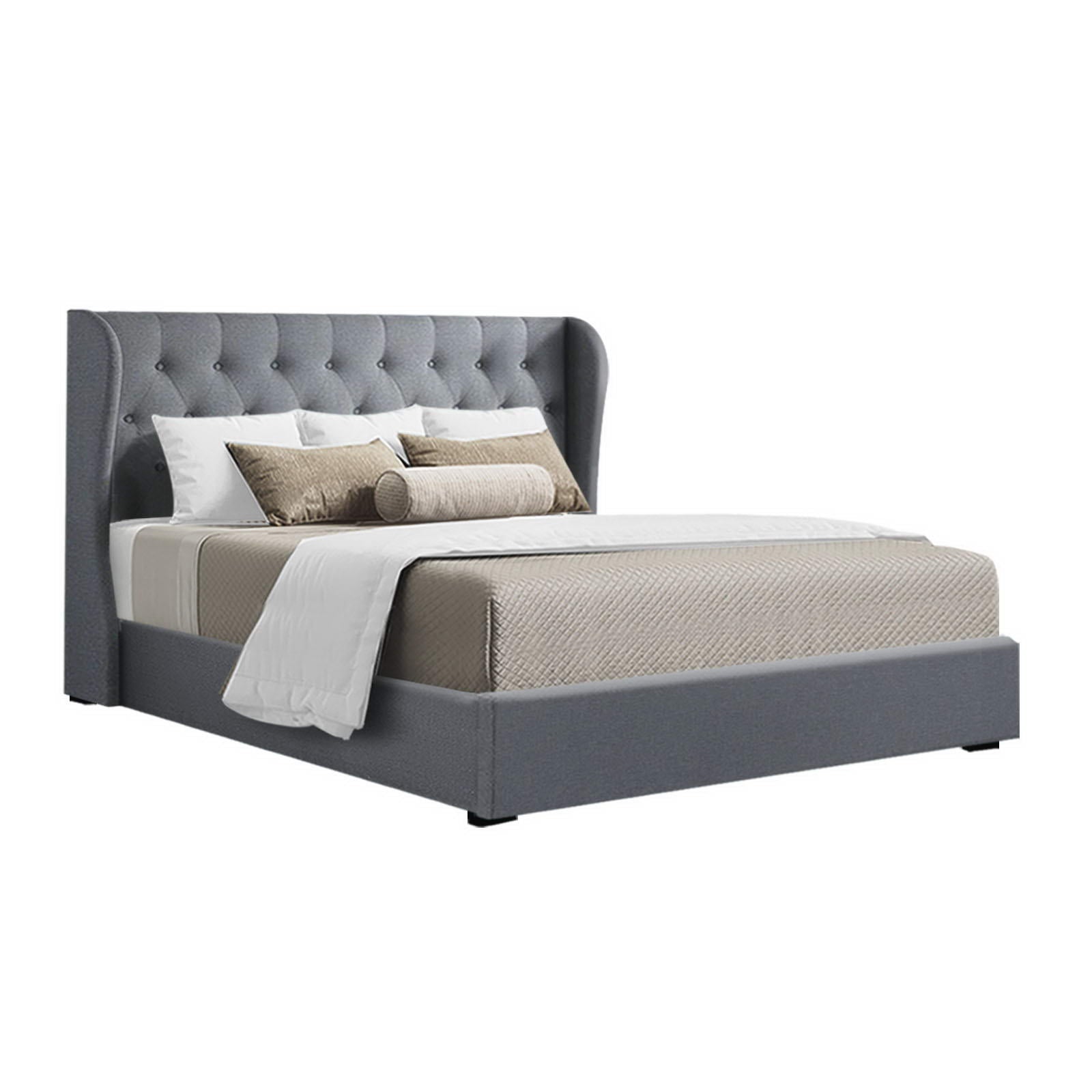 Artiss Issa Bed Frame Fabric Gas Lift Storage - Grey Queen