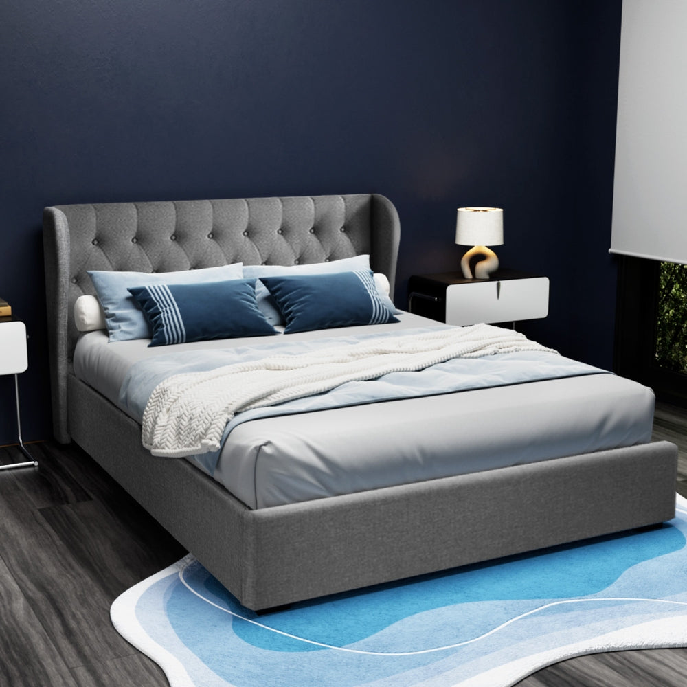 Artiss Issa Bed Frame Fabric Gas Lift Storage - Grey Queen
