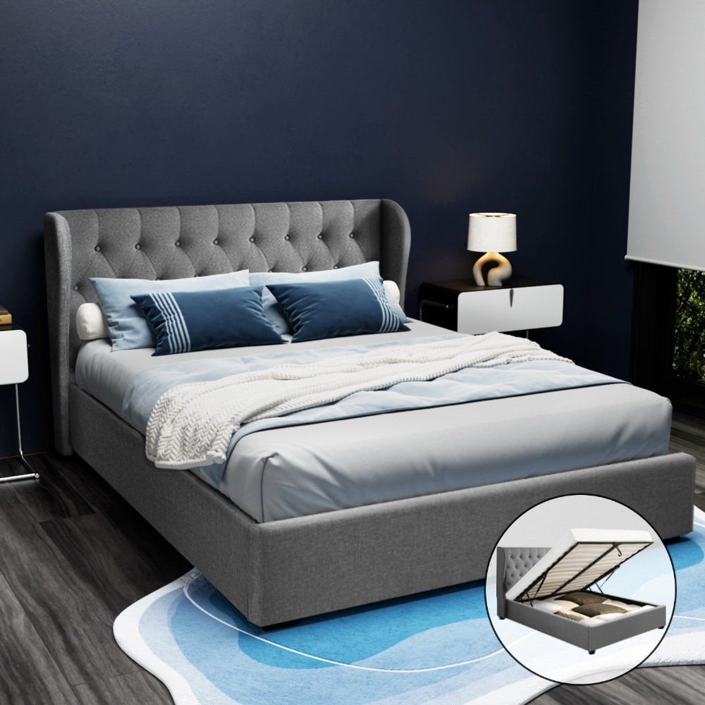 Artiss Issa Bed Frame Fabric Gas Lift Storage - Grey Queen