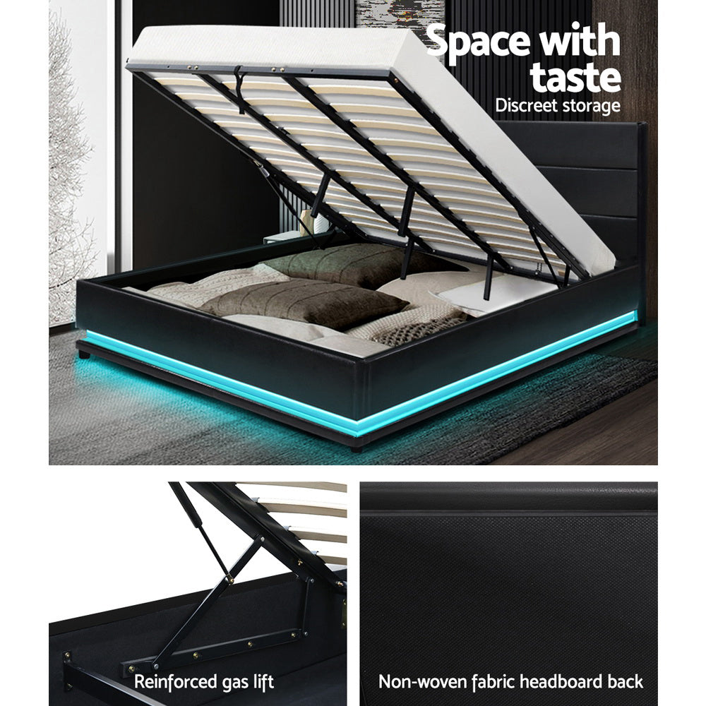 Artiss Lumi LED Bed Frame PU Leather Gas Lift Storage - Black King