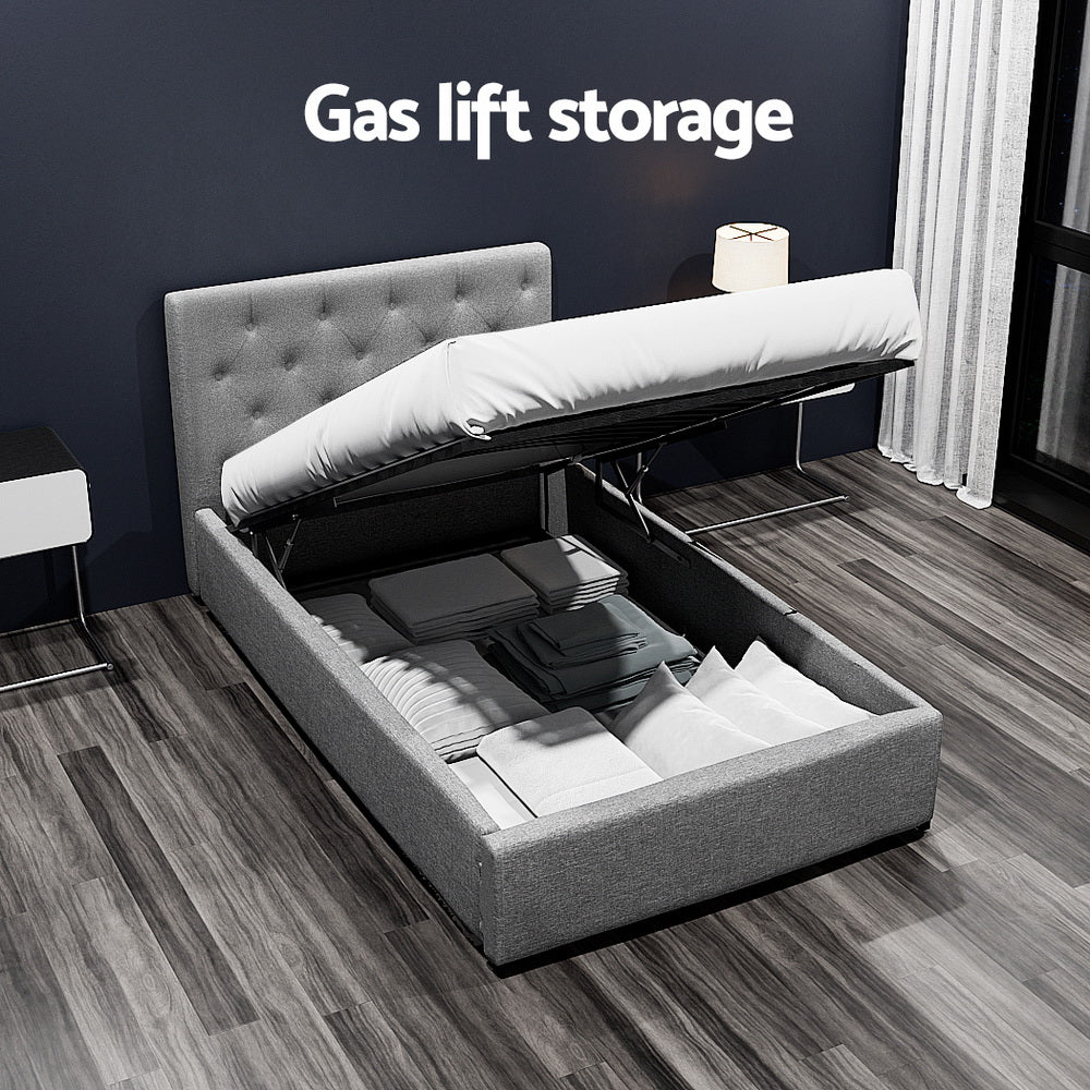 Artiss Vila Bed Frame Fabric Gas Lift Storage - Grey King Single