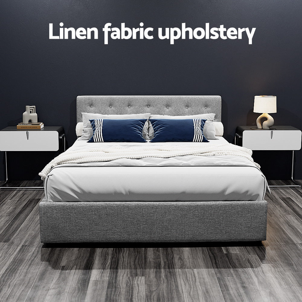 Artiss Vila Bed Frame Fabric Gas Lift Storage - Grey Queen