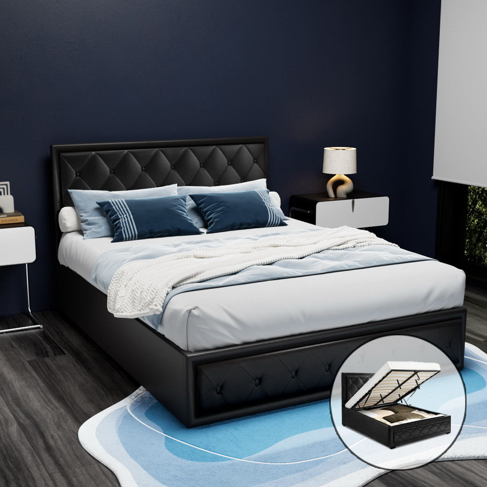 Artiss Tiyo Bed Frame PU Leather Gas Lift Storage - Black Double