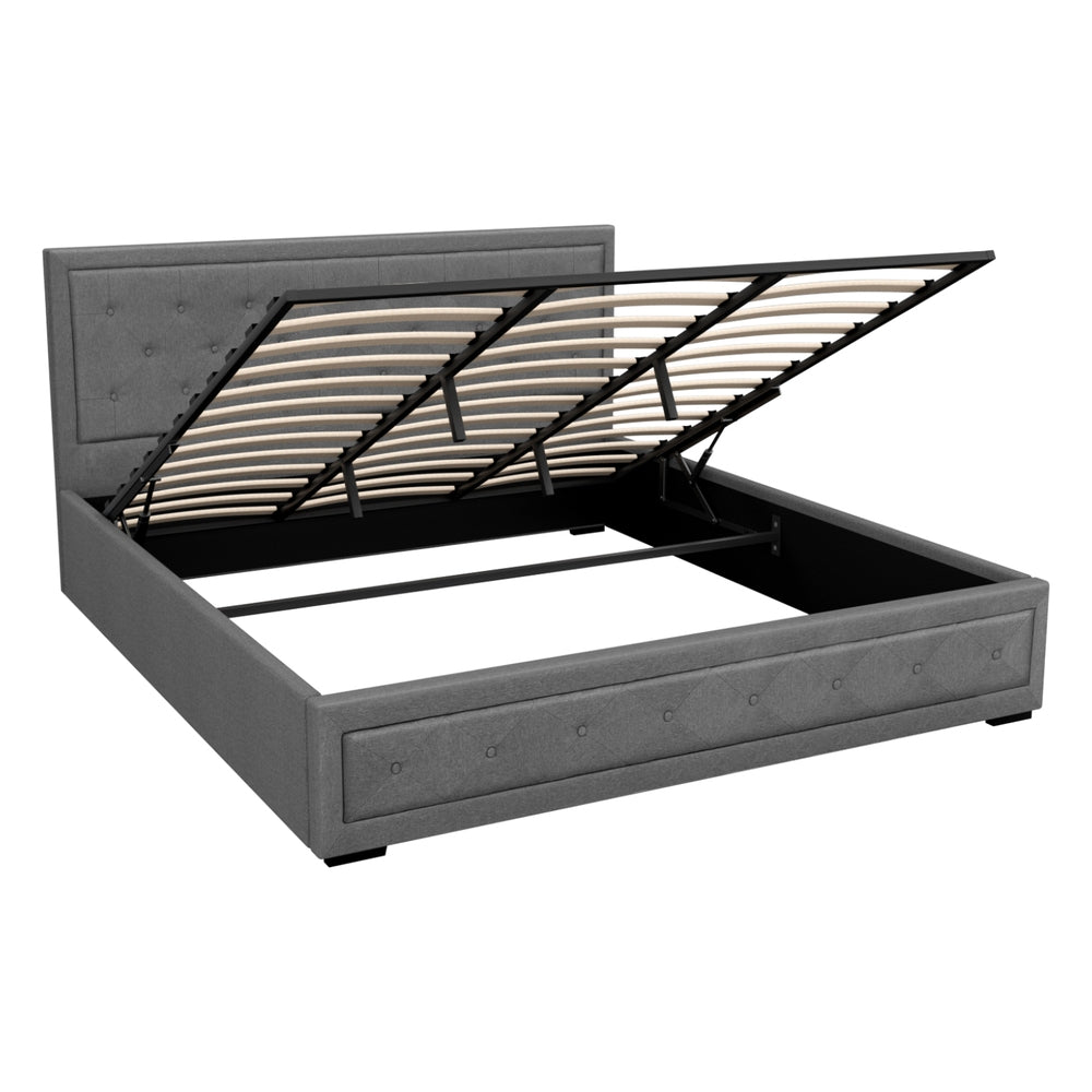 Artiss Tiyo Bed Frame Fabric Gas Lift Storage - Grey King