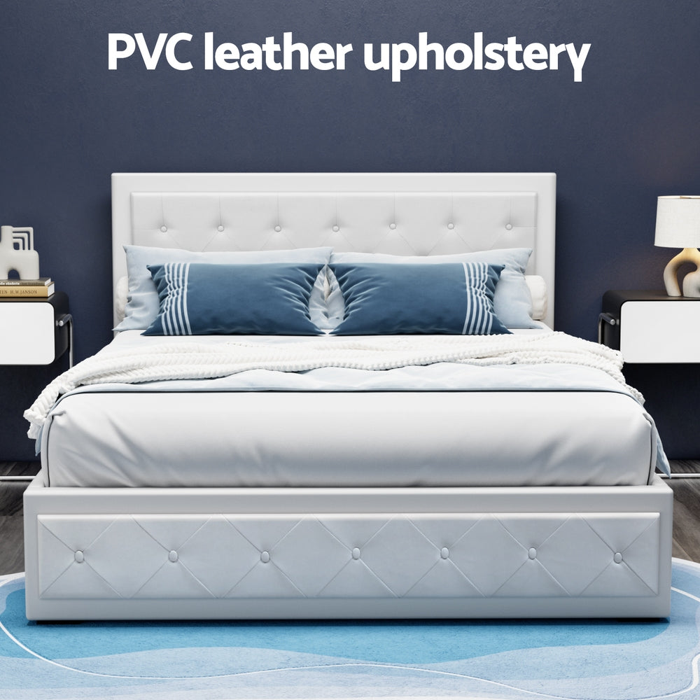 Artiss Tiyo Bed Frame PU Leather Gas Lift Storage - White Queen