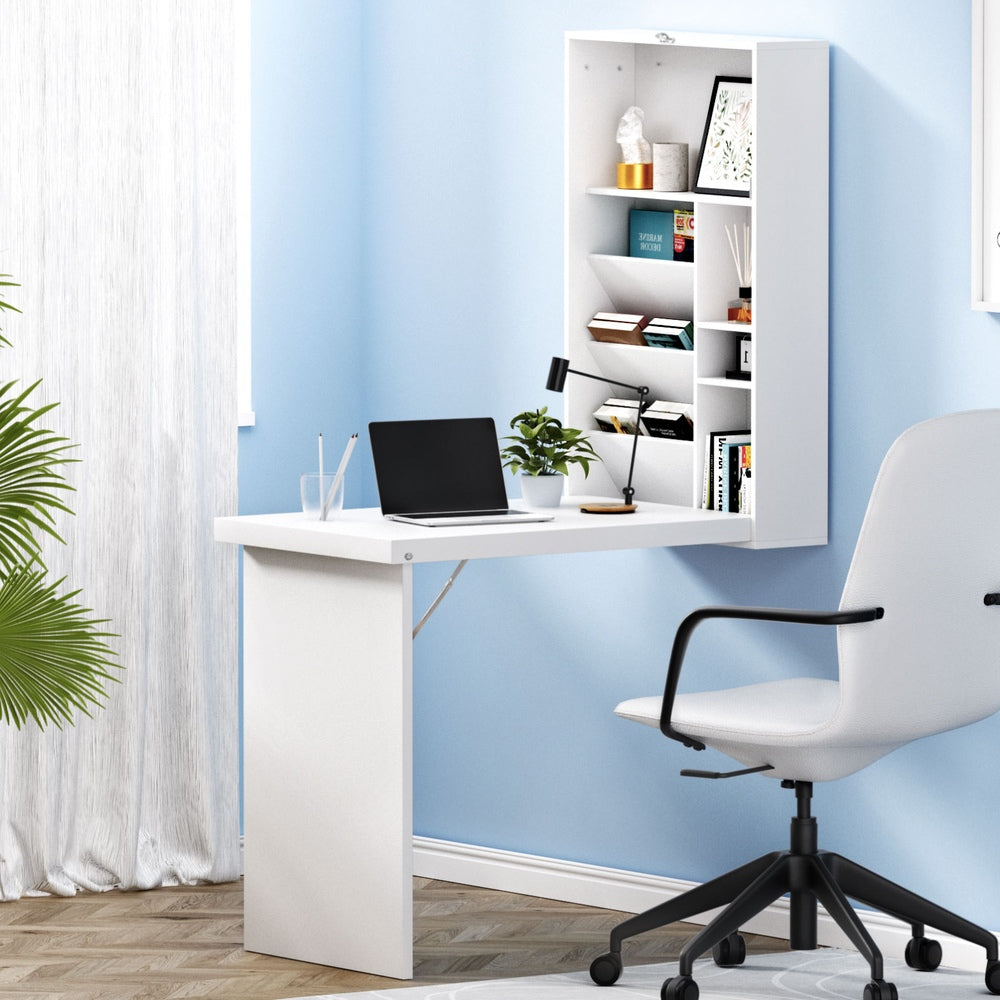 Artiss Foldable Desk with Bookshelf - White