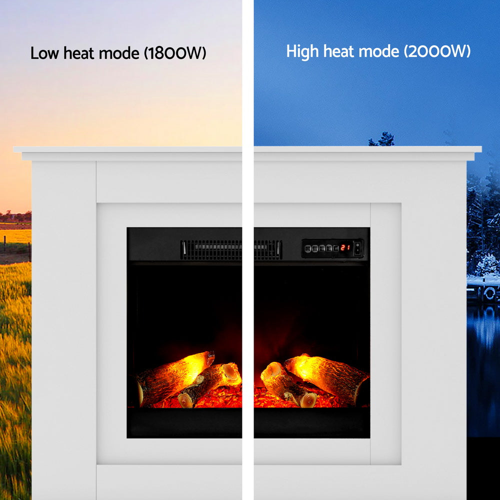 Devanti 2000W Electric Fireplace Mantle Portable Fire Log Wood Heater 3D Flame Effect White