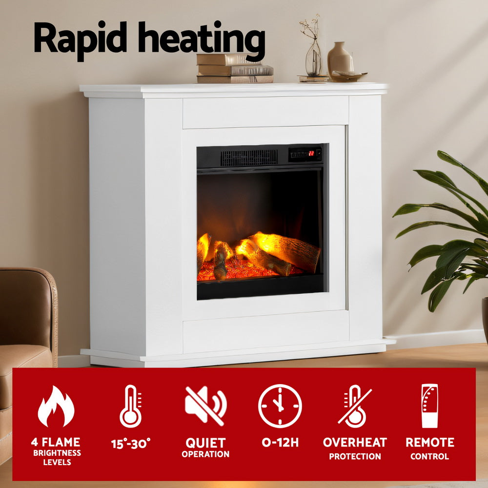 Devanti 2000W Electric Fireplace Mantle Portable Fire Log Wood Heater 3D Flame Effect White