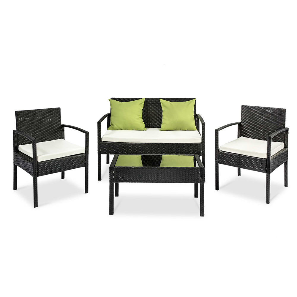 4 Seater Sofa Set Outdoor Furniture Lounge Setting Wicker Chairs Table Rattan Lounger Bistro Patio Garden Cushions Black