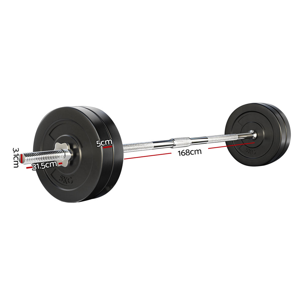 28KG Barbell Weight Set Plates Bar Bench Press Fitness Exercise Home Gym 168cm