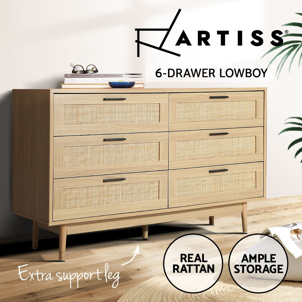 Artiss 6 Chest of Drawers Rattan Tallboy Cabinet Bedroom Clothes Storage Wood