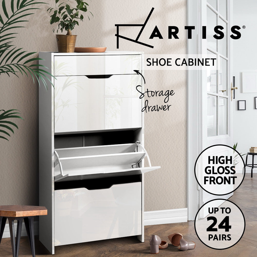 Artiss Shoe Cabinet 3 Tier Shoes Storage Drawer High Gloss White Rack Shelf