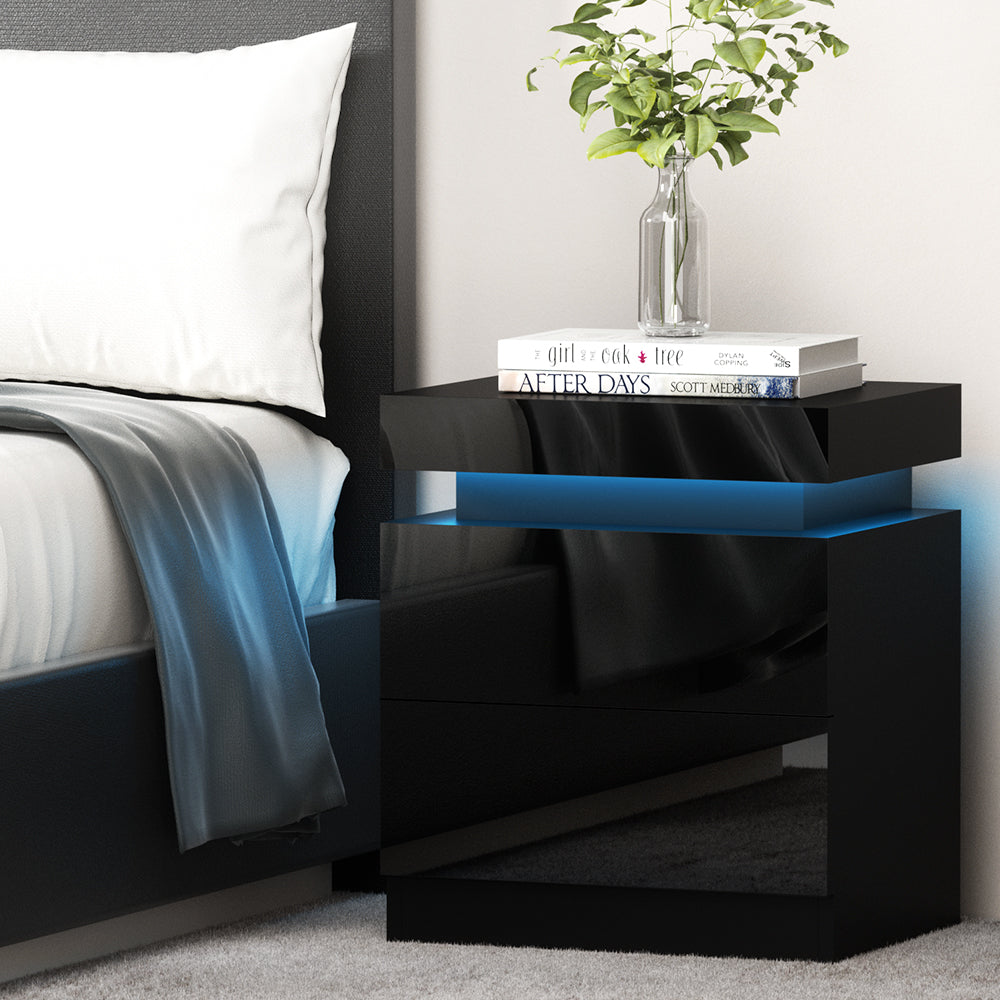 Artiss Bedside Tables Side Table Drawers RGB LED High Gloss Nightstand Black