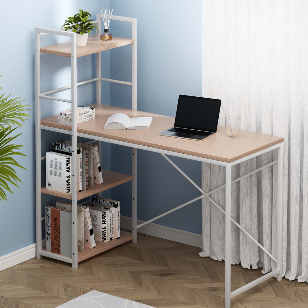 Artiss Metal Desk with Shelves - White with Oak Top