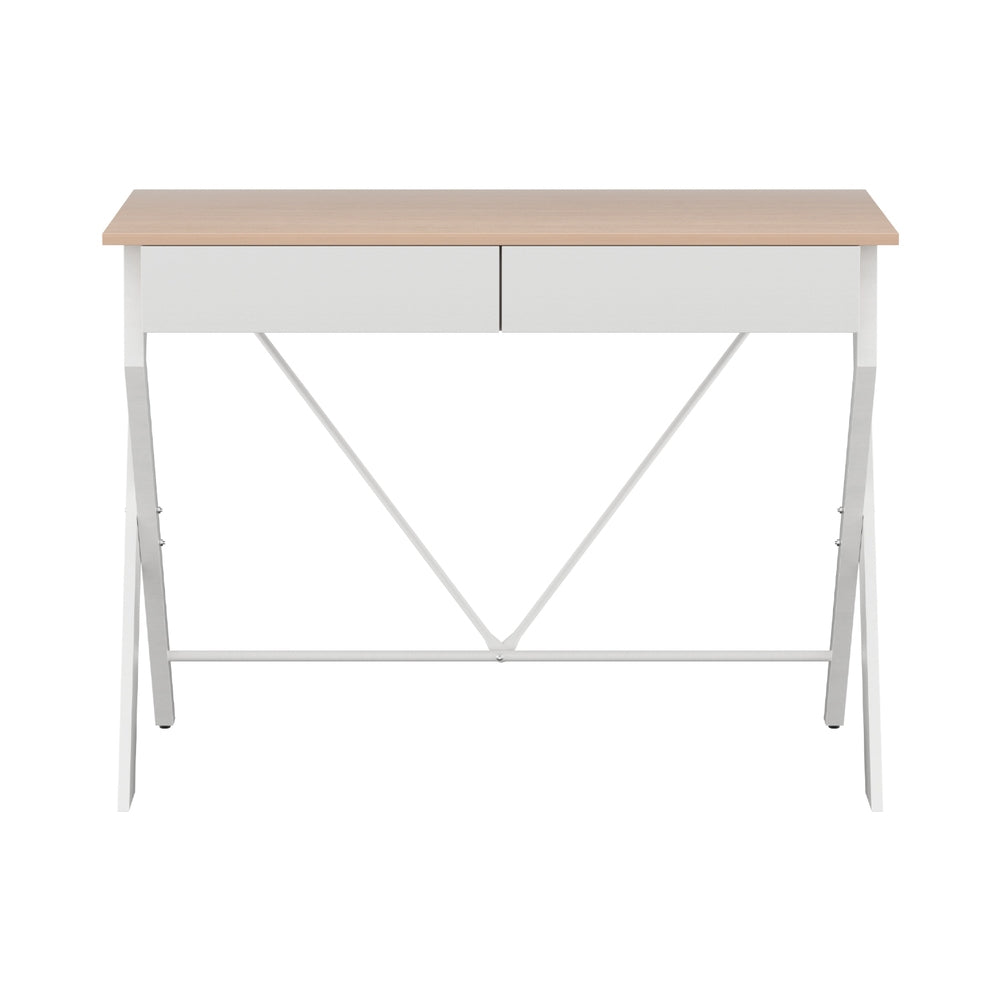 Artiss Metal Desk with Drawer - White with Oak Top