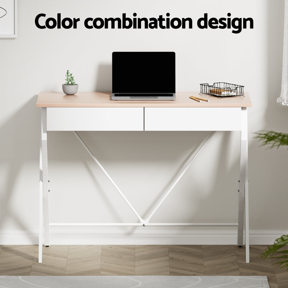 Artiss Metal Desk with Drawer - White with Oak Top