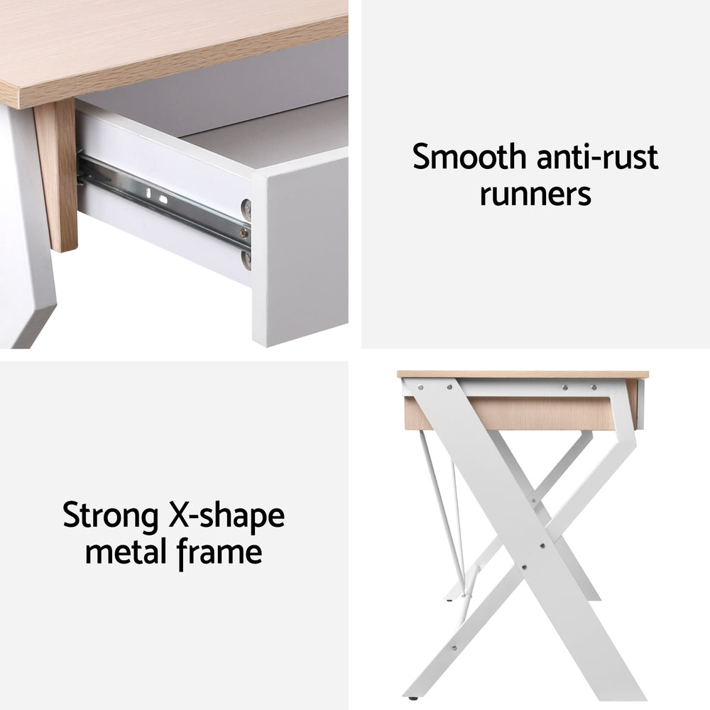 Artiss Metal Desk with Drawer - White with Oak Top