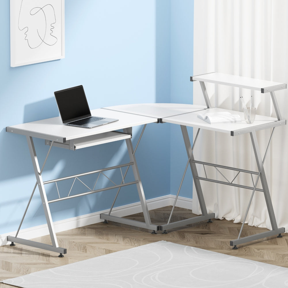 Artiss Corner Metal Pull Out Table Desk - White
