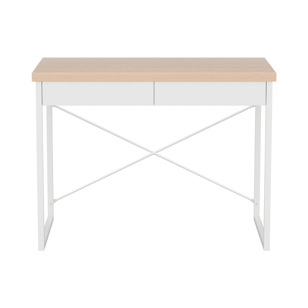 Artiss Metal Desk with Drawer - White with Wooden Top