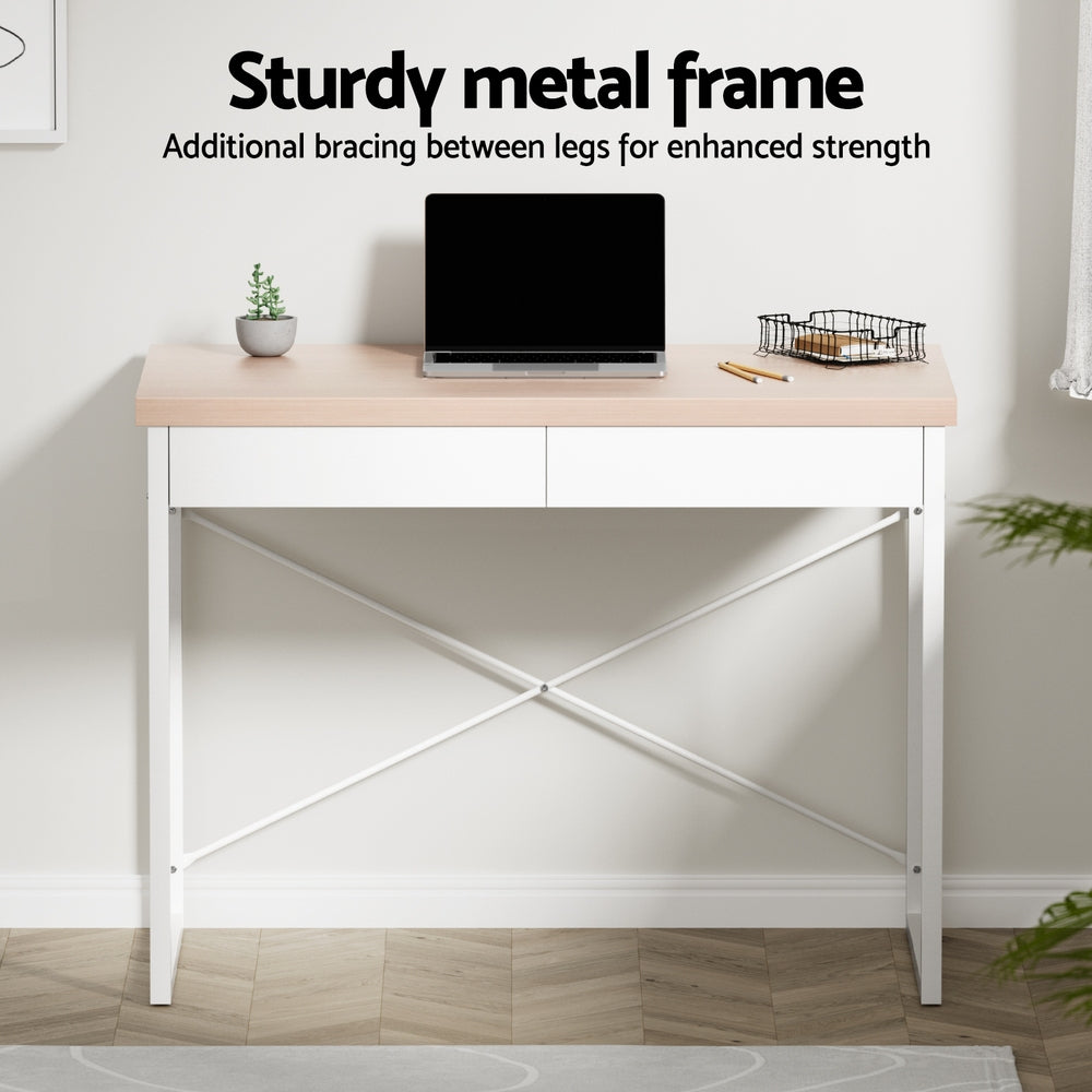 Artiss Metal Desk with Drawer - White with Wooden Top