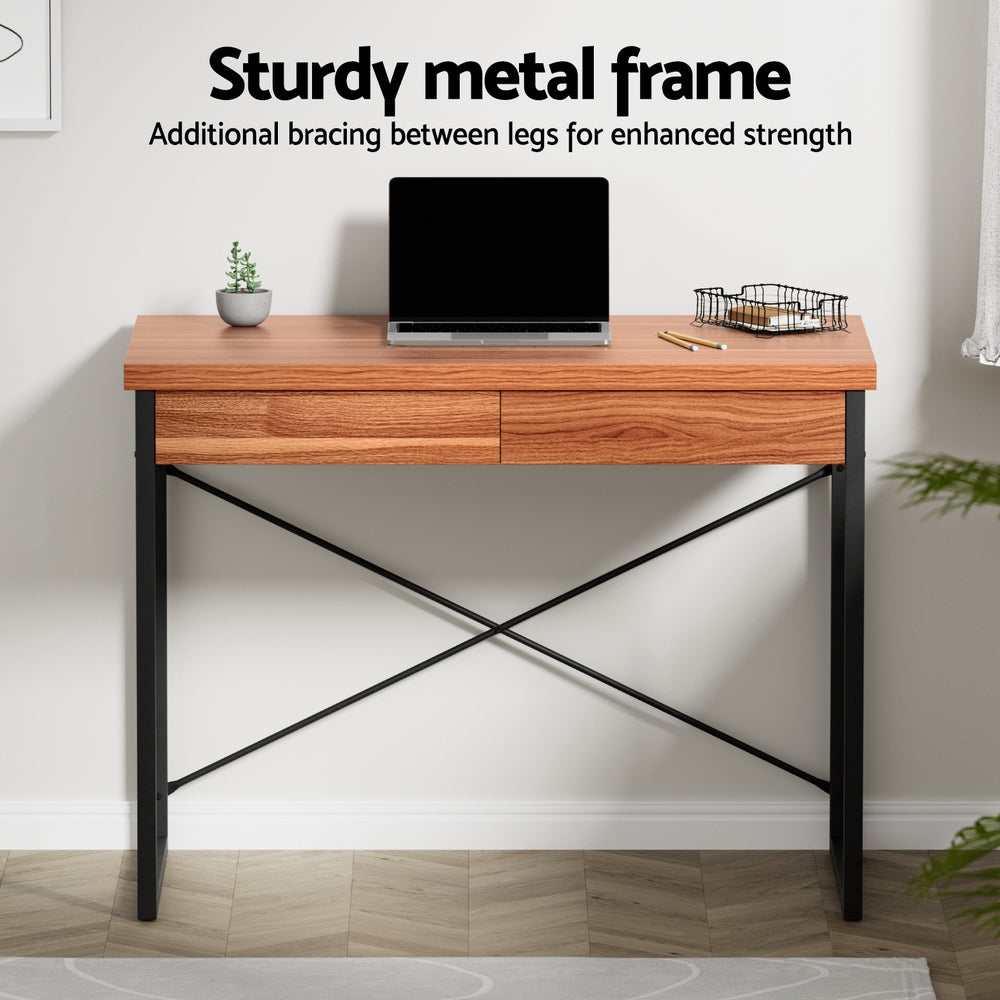 Artiss Metal Desk with Drawer - Walnut
