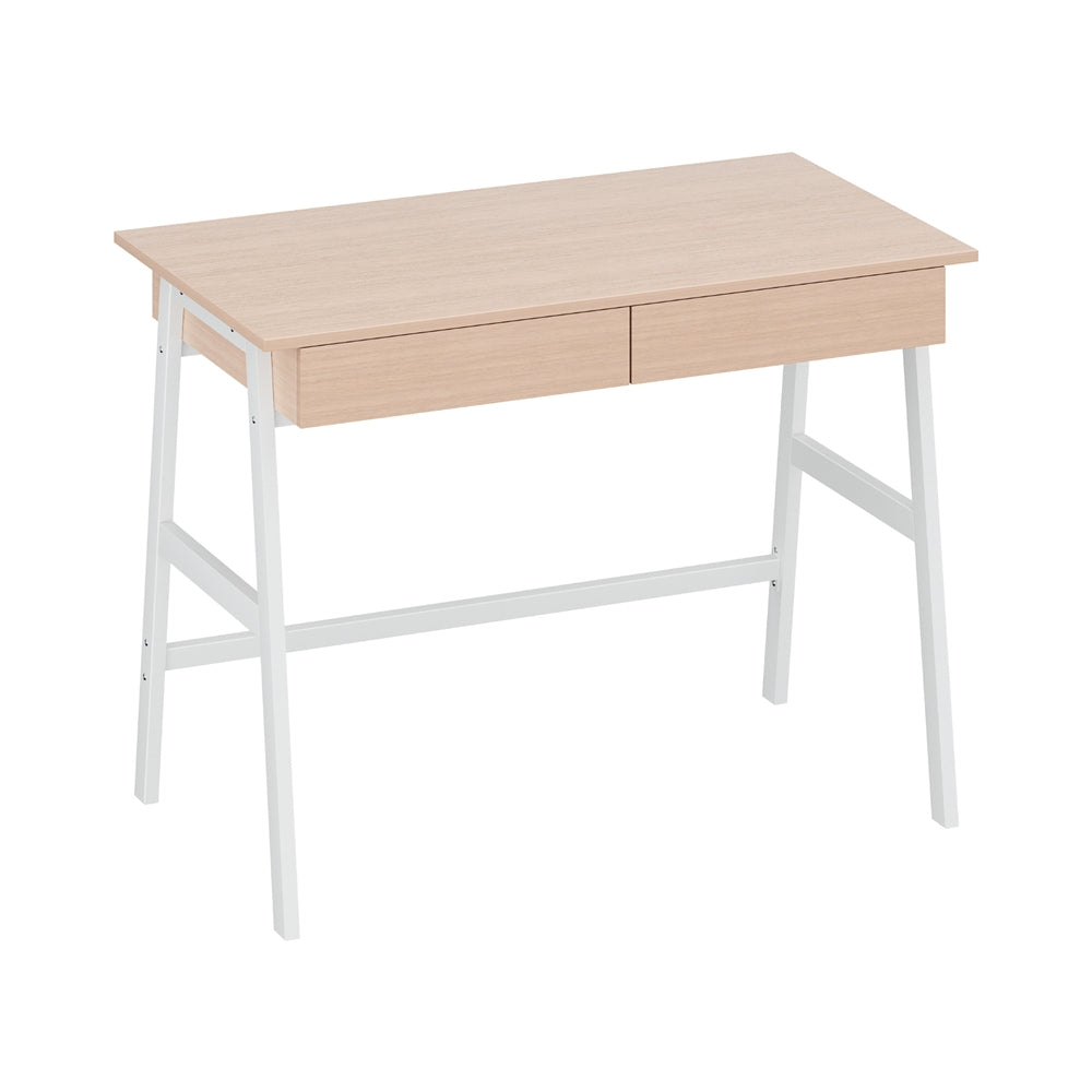 Artiss Metal Desk with Drawer - White with Oak Top