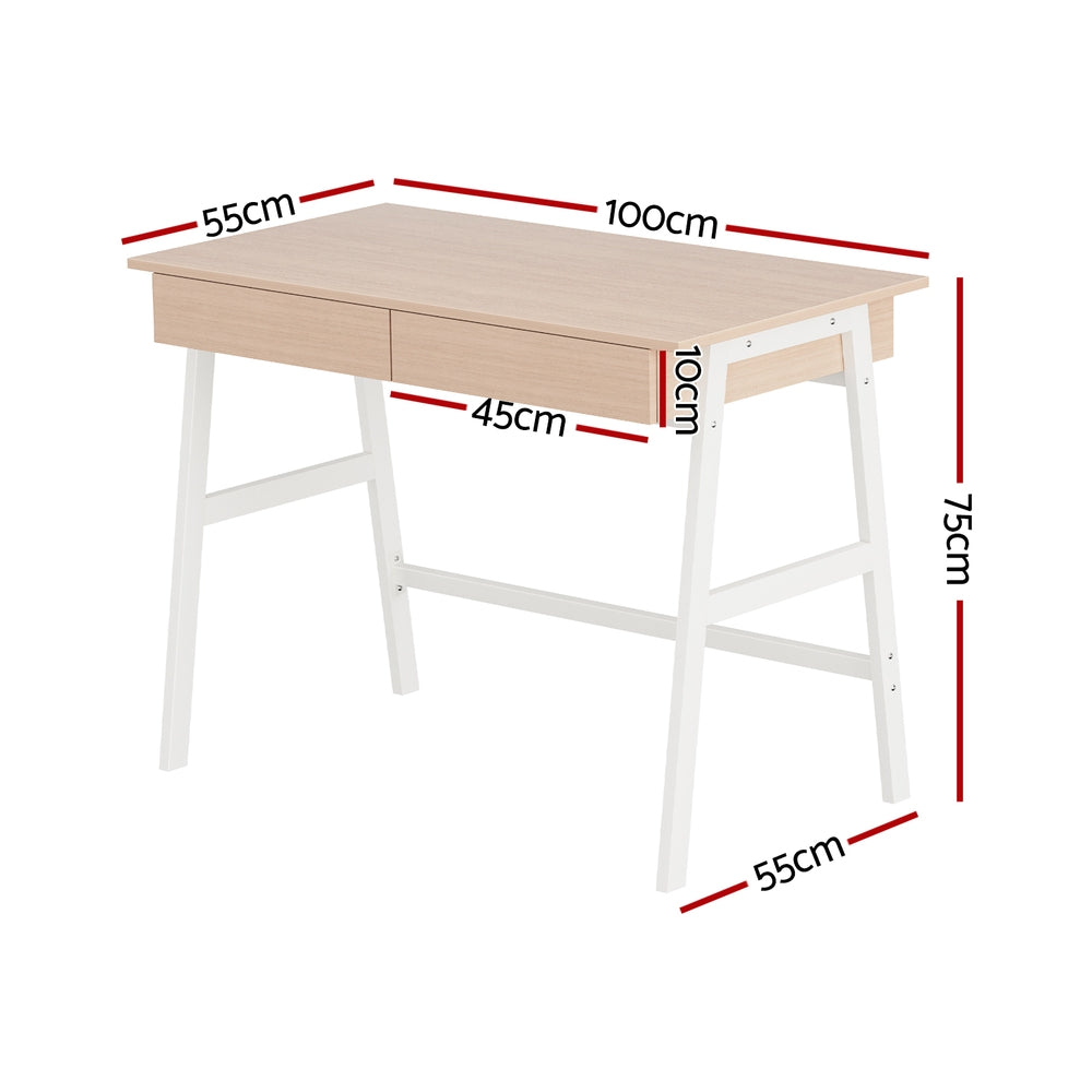 Artiss Metal Desk with Drawer - White with Oak Top