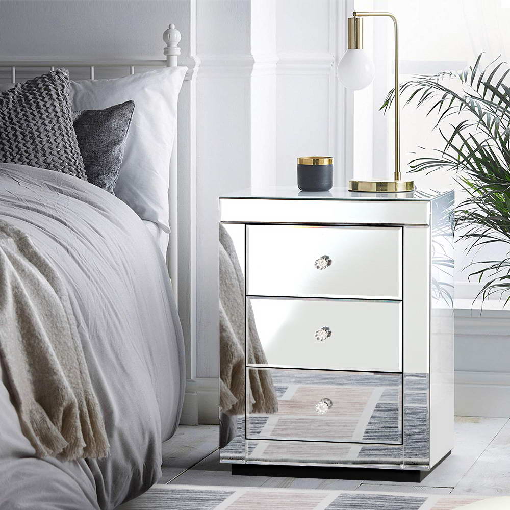 Artiss Mirrored Bedside Table Drawers Furniture Mirror Glass Presia Silver