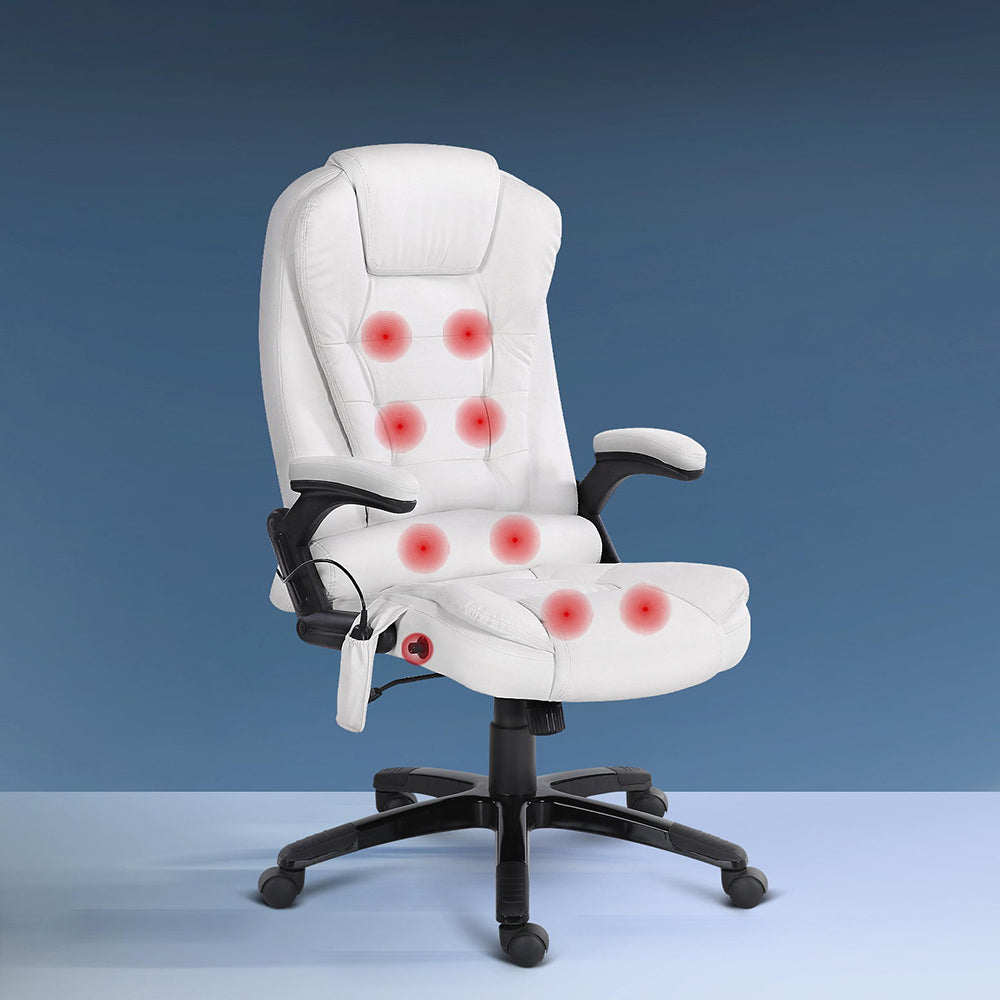 Artiss Massage Office Chair 8 Point PU Leather Office Chair - White