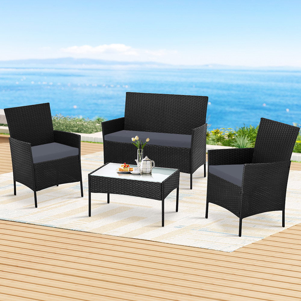Gardeon 4-piece Outdoor Lounge Setting Wicker Patio Furniture Dining Set Grey