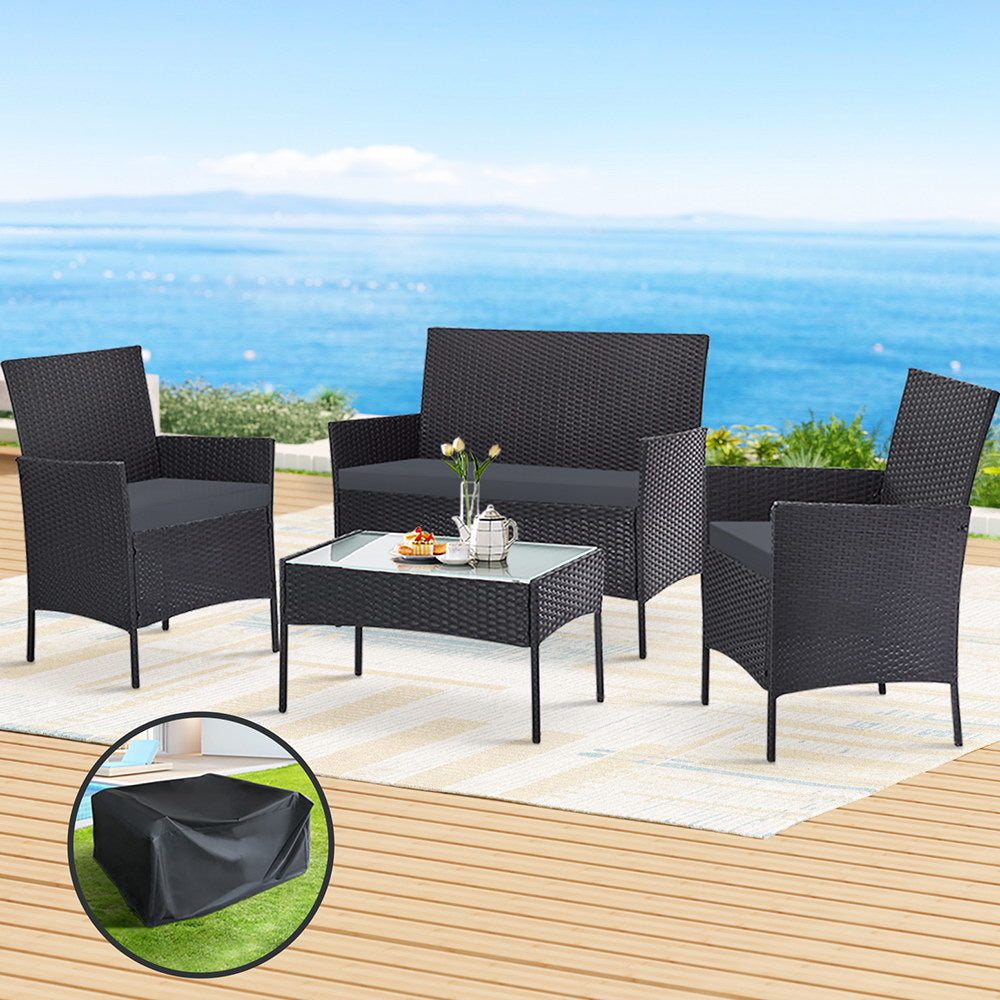 Gardeon Outdoor Furniture Lounge Setting Wicker Patio Dining Set w/Storage Cover Grey
