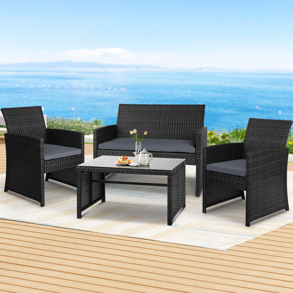 Gardeon Set of 4 Outdoor Lounge Setting Rattan Patio Wicker Dining Set Black