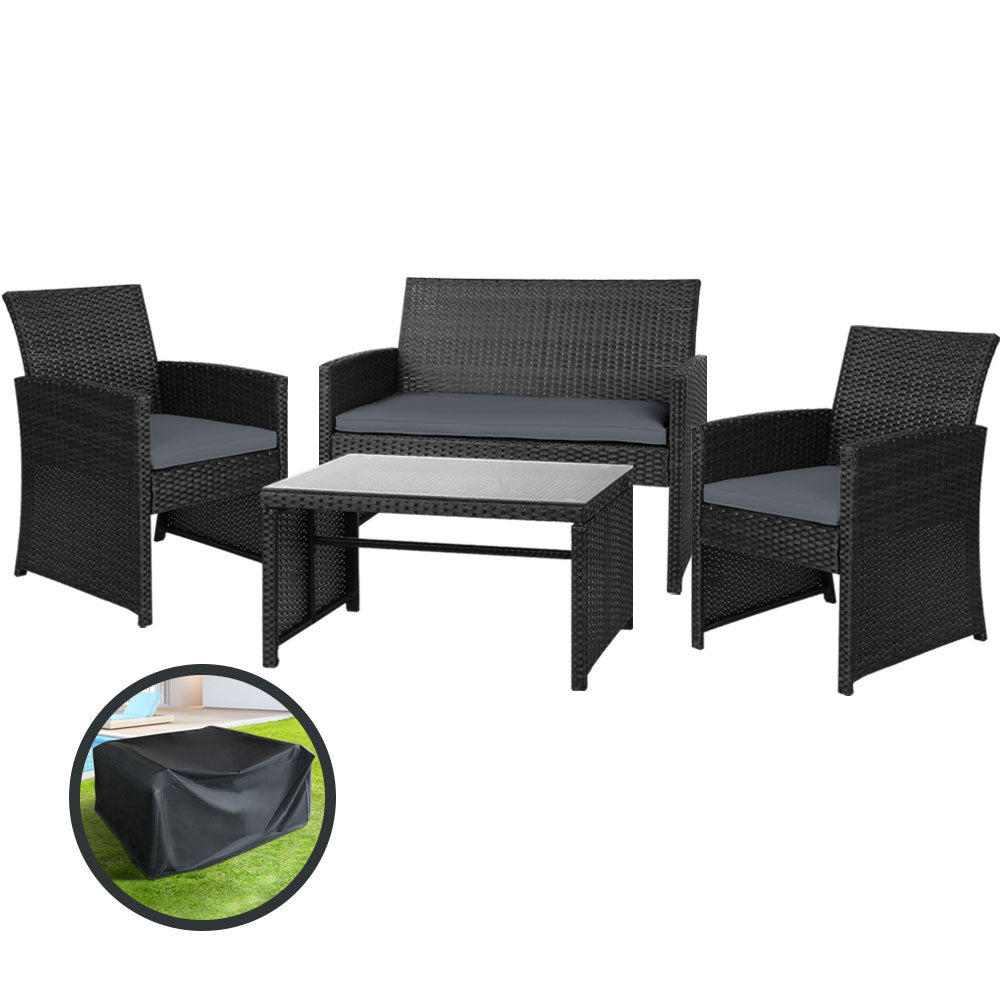 Gardeon Rattan Furniture Outdoor Lounge Setting Wicker Dining Set w/Storage Cover Black