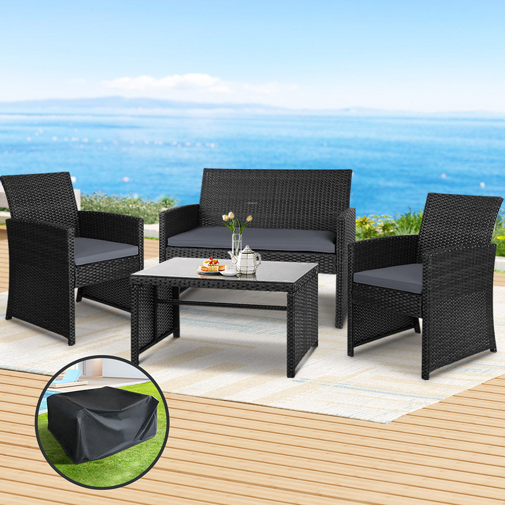 Gardeon Rattan Furniture Outdoor Lounge Setting Wicker Dining Set w/Storage Cover Black