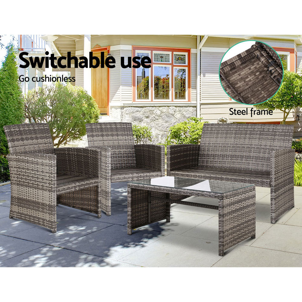 Gardeon Set of 4 Outdoor Lounge Setting Rattan Patio Wicker Dining Set Mixed Grey