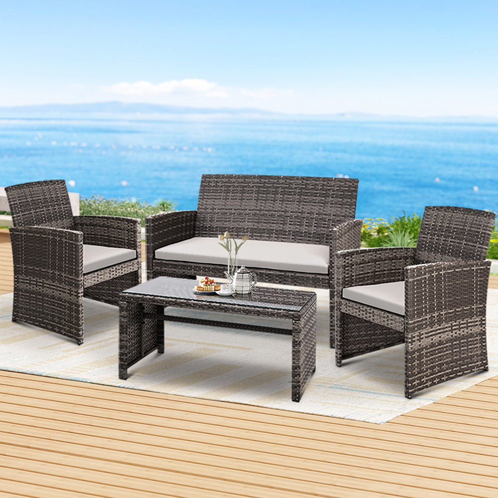Gardeon Set of 4 Outdoor Lounge Setting Rattan Patio Wicker Dining Set Mixed Grey