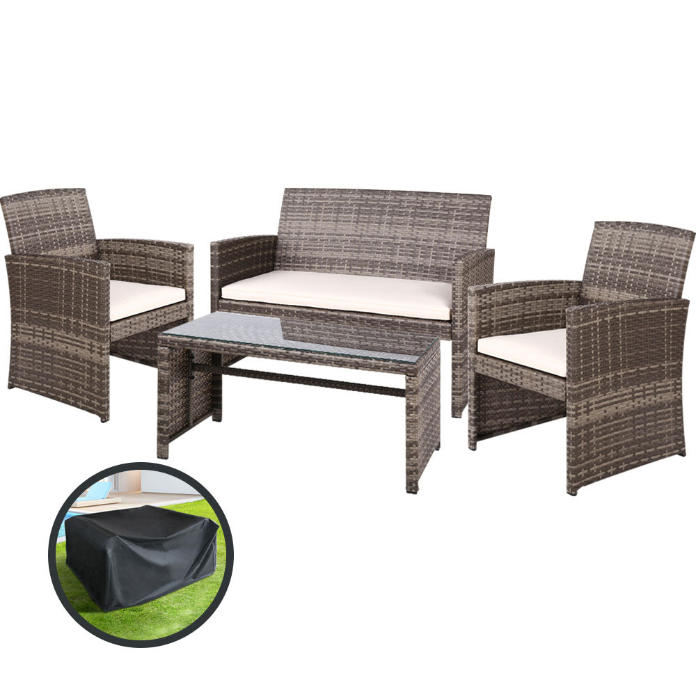Gardeon Rattan Furniture Outdoor Lounge Setting Wicker Dining Set w/Storage Cover Mixed Grey
