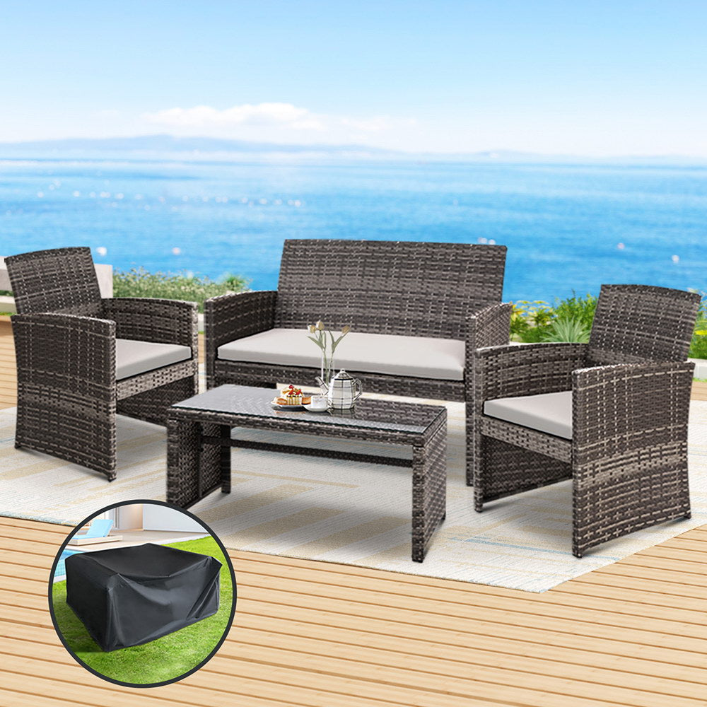 Gardeon Rattan Furniture Outdoor Lounge Setting Wicker Dining Set w/Storage Cover Mixed Grey