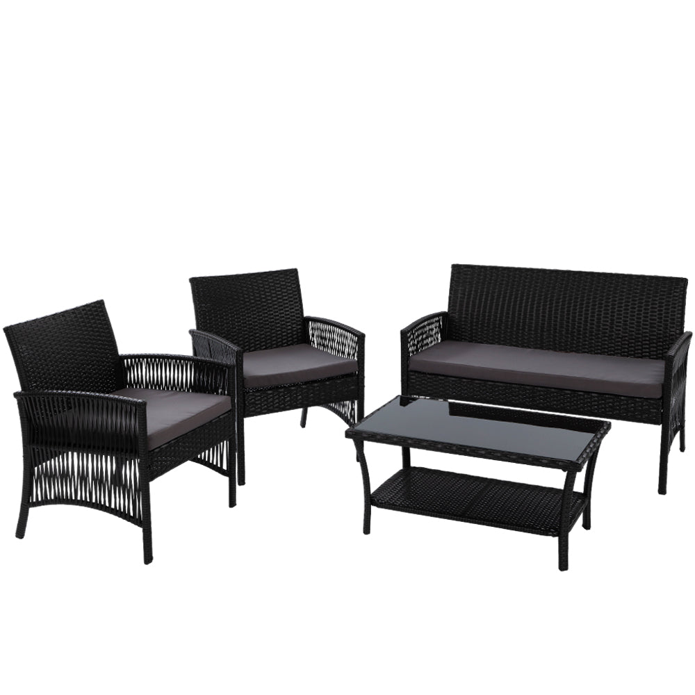 Gardeon 4 PCS Outdoor Furniture Lounge Setting Wicker Dining Set Black